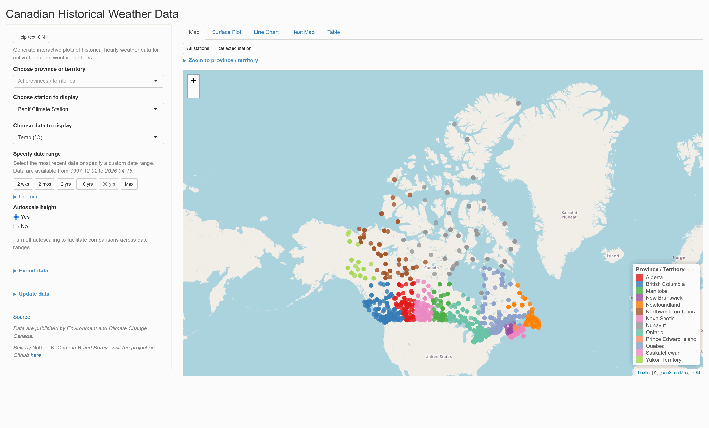 Demo of the Canadian Historical Weather Data app